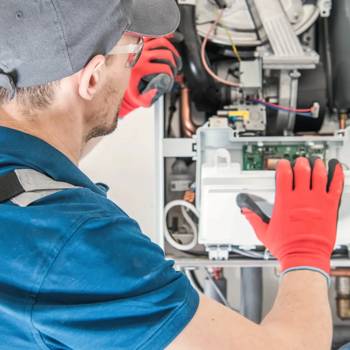 Technician in red gloves servicing a boiler's controls