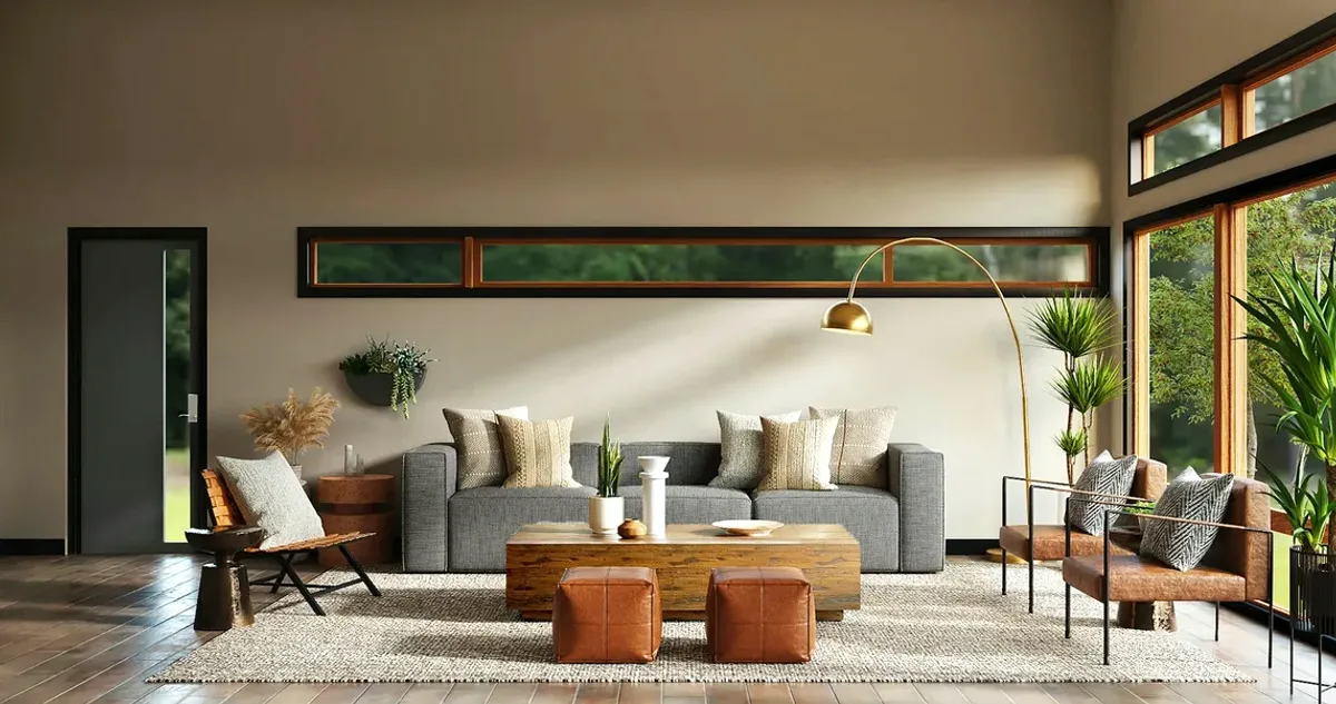 Bright living room with a grey sofa and large windows